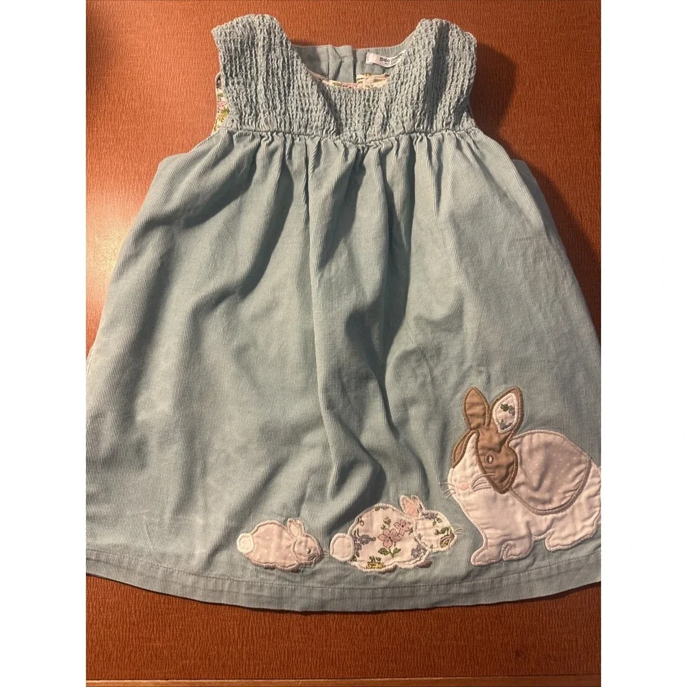 Baby Boden 12-18 Months Blue Corduroy‎ Bunny Dress Floral Linings Jumper Smocked